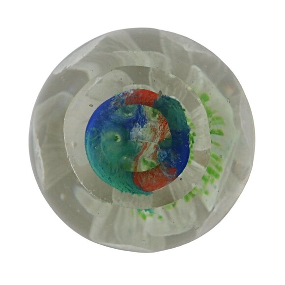 Handblown Art Glass Paperweight With White Flower Design & Multicolor Base - Picture 6 of 7